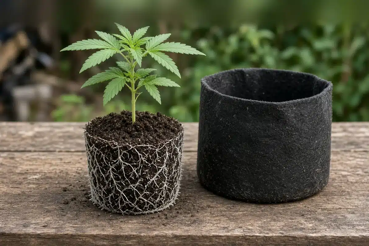 Healthy cannabis root ball beside an empty fabric pot