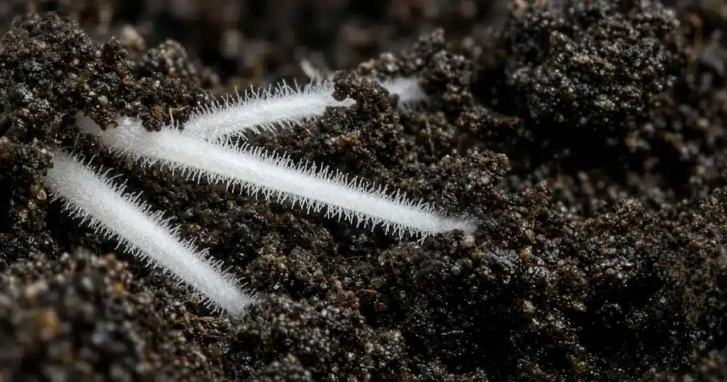 Close view of white cannabis root tips covered in fine fuzzy root hairs against dark moist growing mix