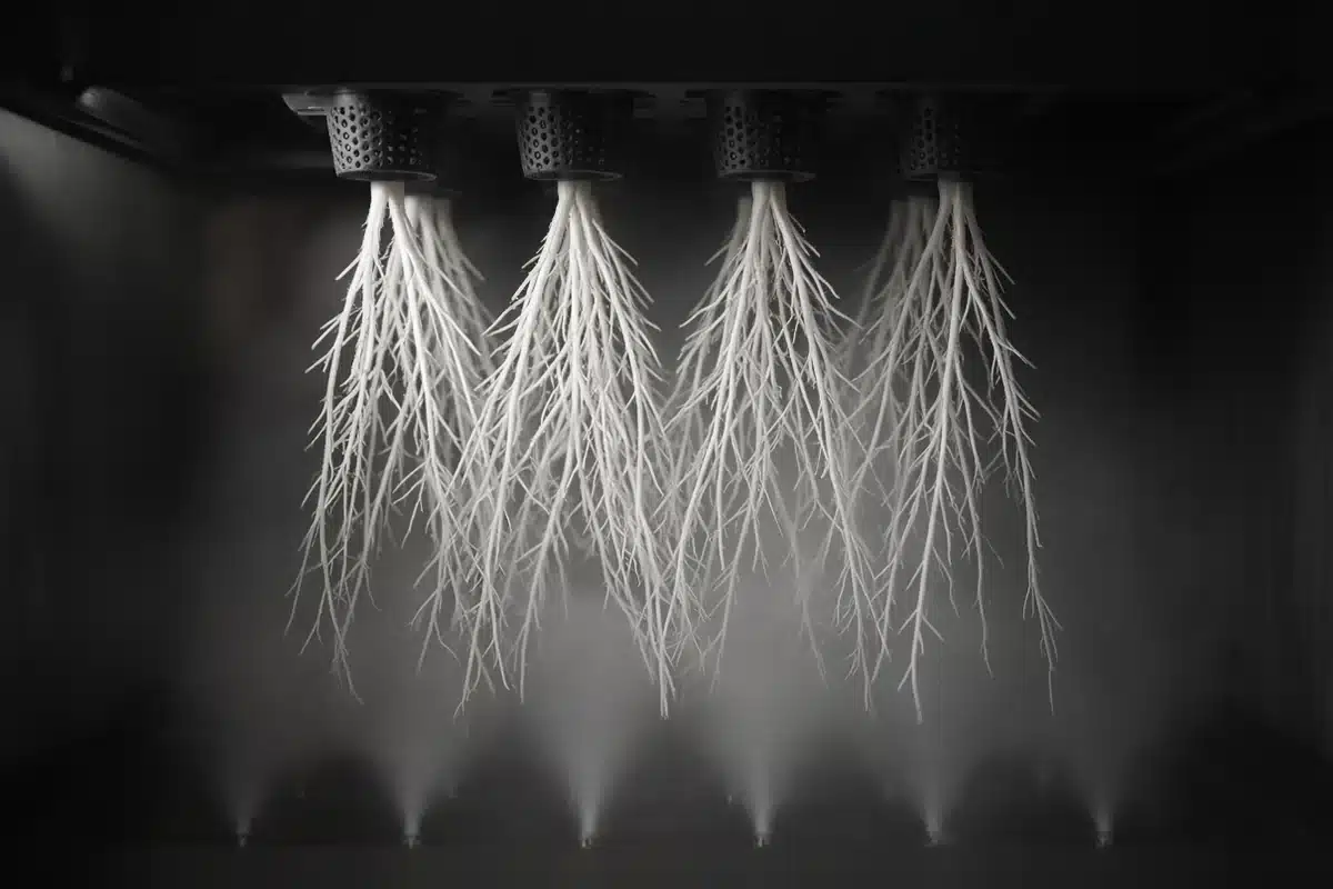 Cannabis roots hanging in nutrient mist inside an aeroponic chamber