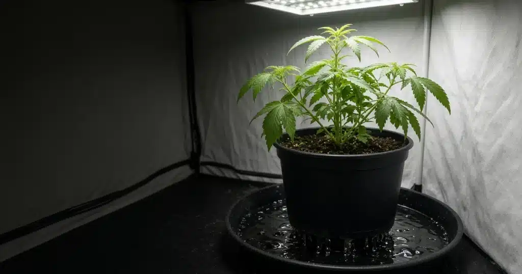 A potted cannabis plant on a black tray with water draining from the base of the pot inside a grow tent