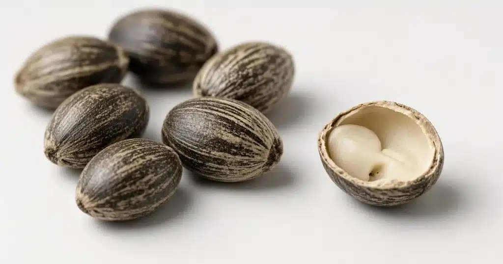 Several whole cannabis seeds with mottled brown shells beside one seed split open to show the pale embryo inside