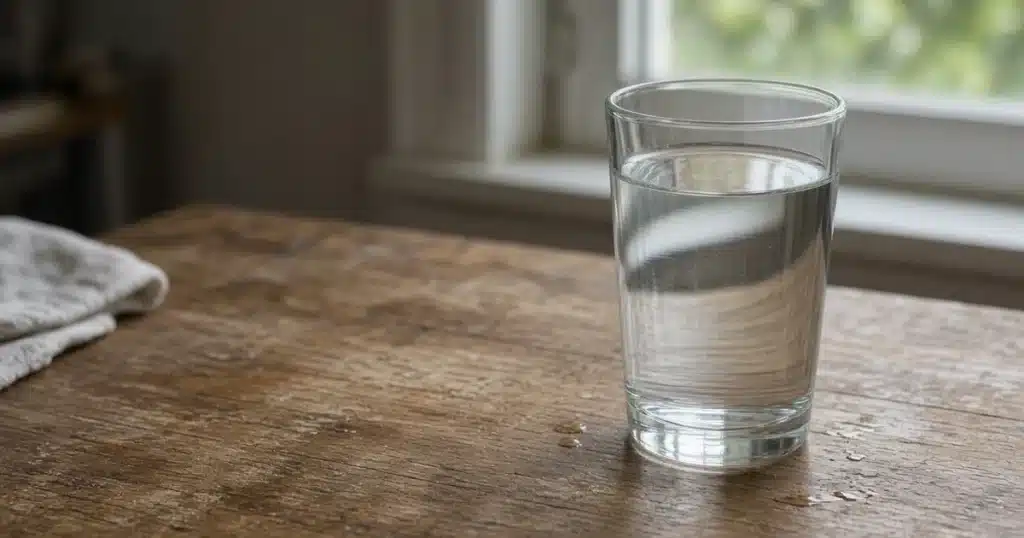 Clear glass of water on a wooden table by a window, water surface catching light