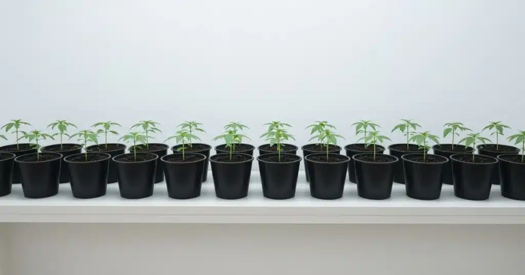 A row of small cannabis seedlings in pots on a shelf in cool white light