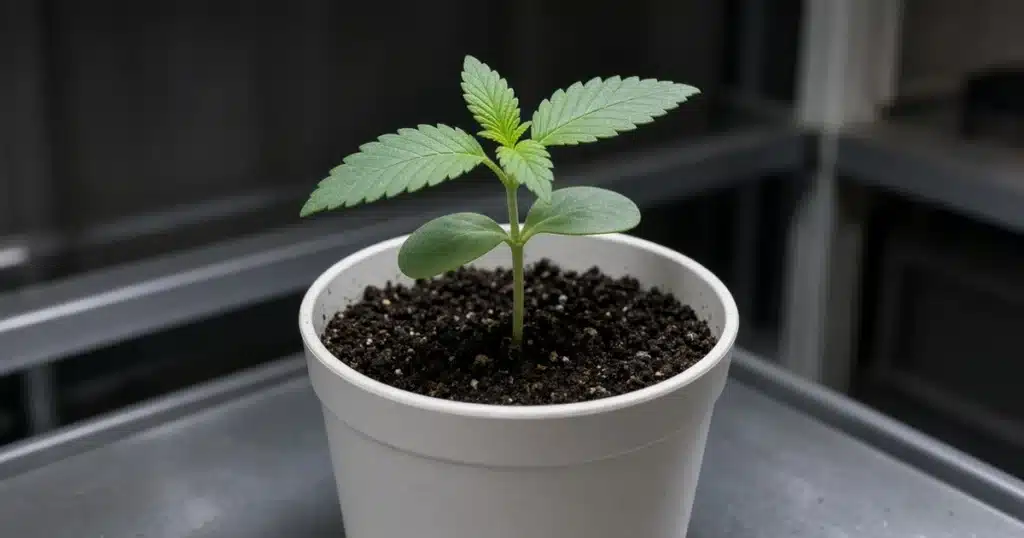 Side view of a cannabis seedling with its first pair of single-blade serrated leaves fully open and a tiny three-blade pair starting above them