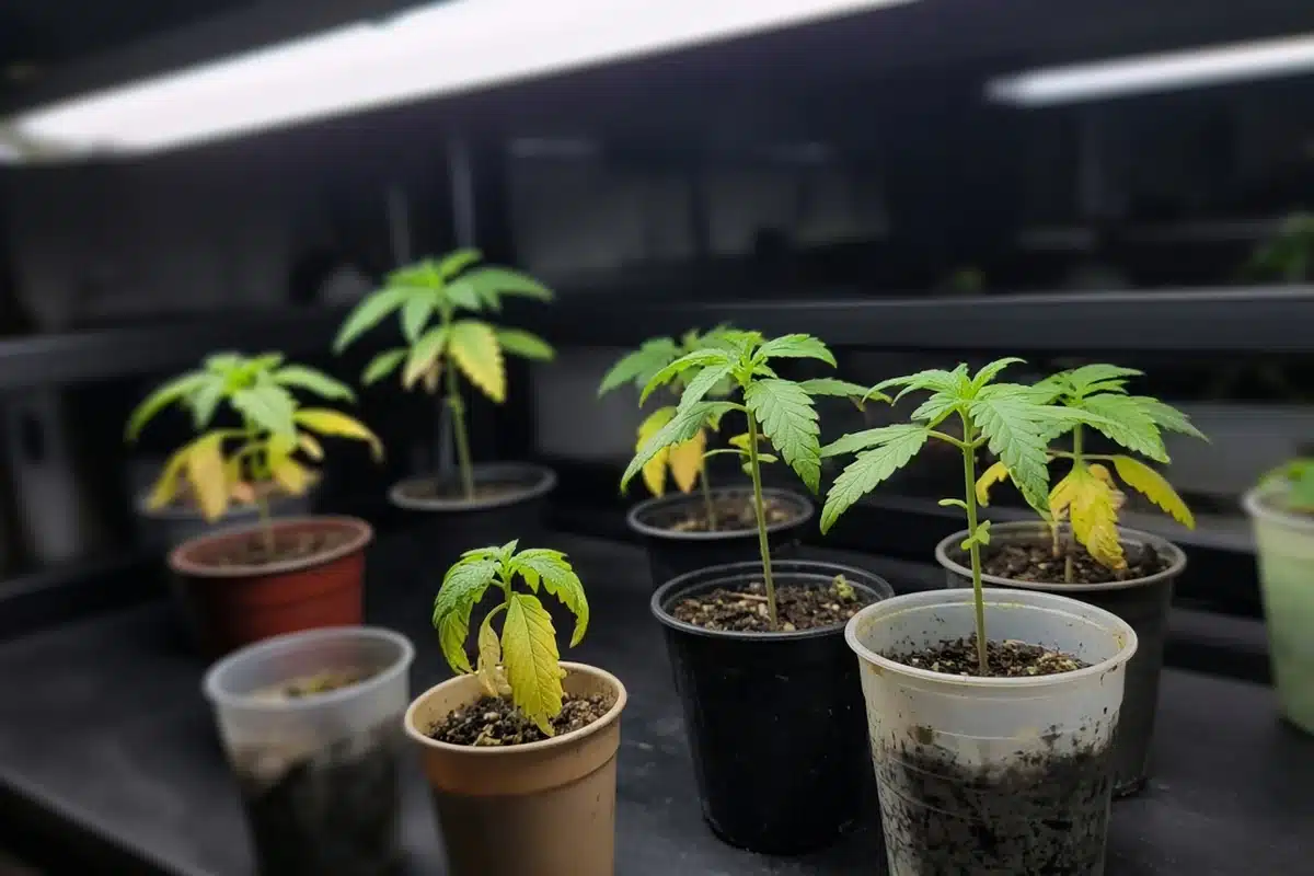 Cannabis seedlings in mismatched pots with mixed green and yellowing leaves