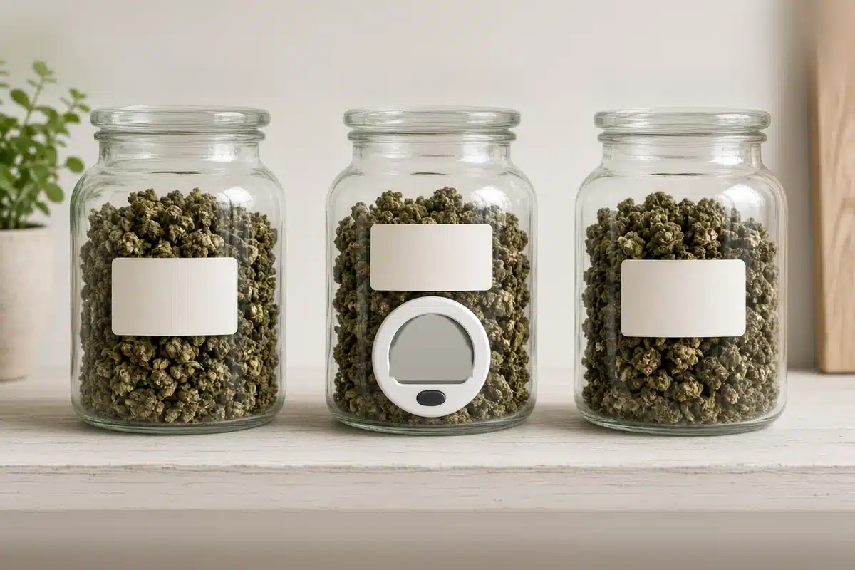 Glass storage jars of dried cannabis with a hygrometer