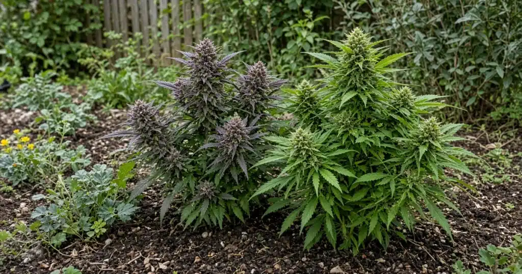 Two flowering cannabis plants side by side in an outdoor garden bed, one with purple-tinged buds and one lime green