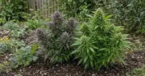 Two flowering cannabis plants side by side in an outdoor garden bed, one with purple-tinged buds and one lime green