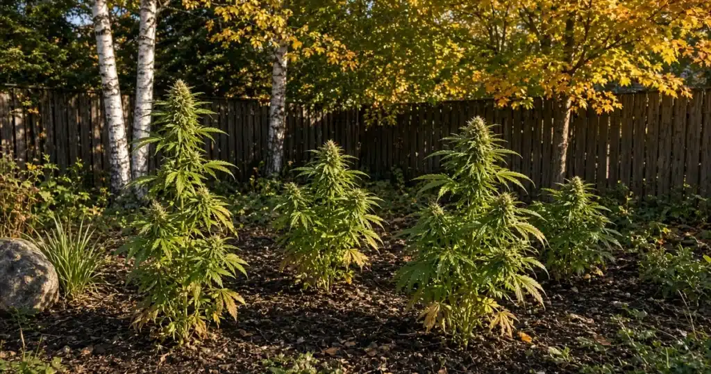 Outdoor cannabis plants in a northern garden with early autumn trees behind them