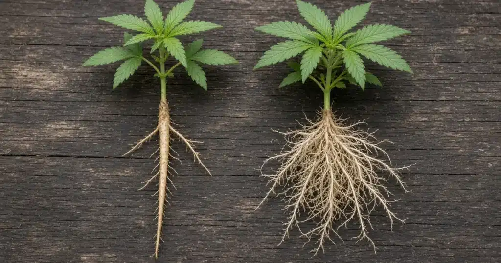 Two young cannabis plants with soil washed away showing one long central taproot beside a dense mass of fibrous roots