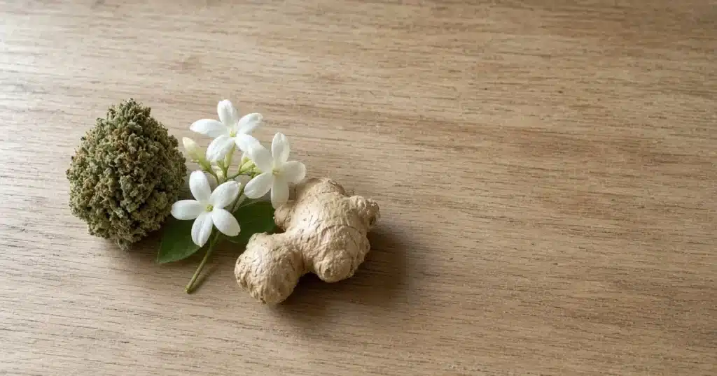 Cannabis bud beside jasmine flowers and fresh ginger root
