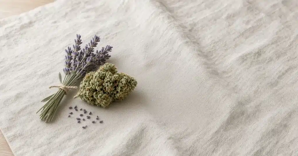 Lavender sprigs beside a frosty cannabis bud