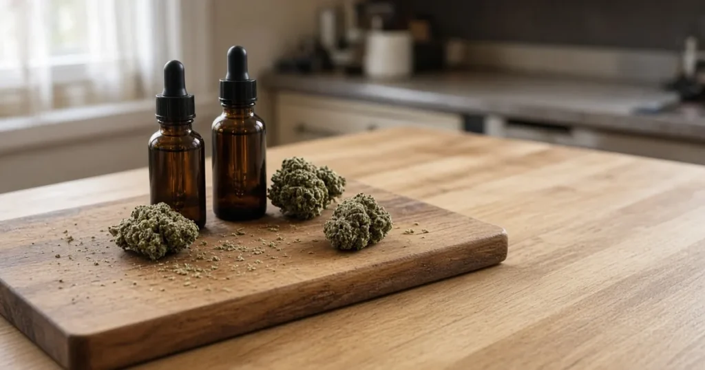 Amber tincture bottles with droppers beside cannabis buds