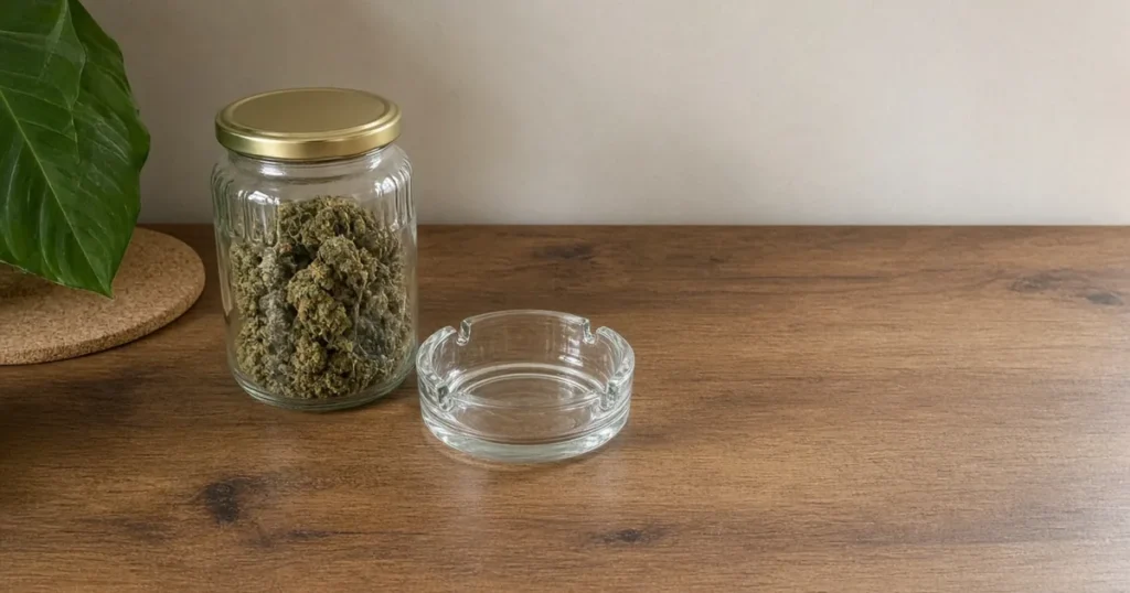 Empty ashtray and a closed jar of cannabis on a table