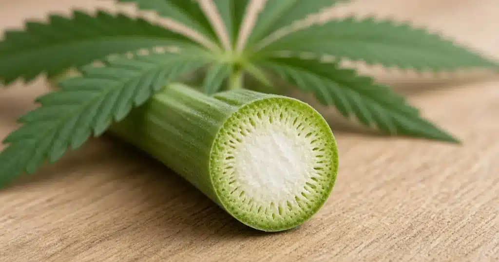 Cut cross section of a green cannabis stem showing a pale ring of vascular tissue around a soft center