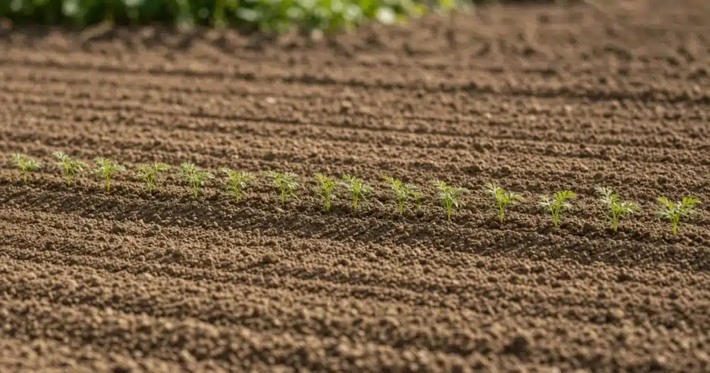 Thin row of carrot seedlings coming up in fine soil