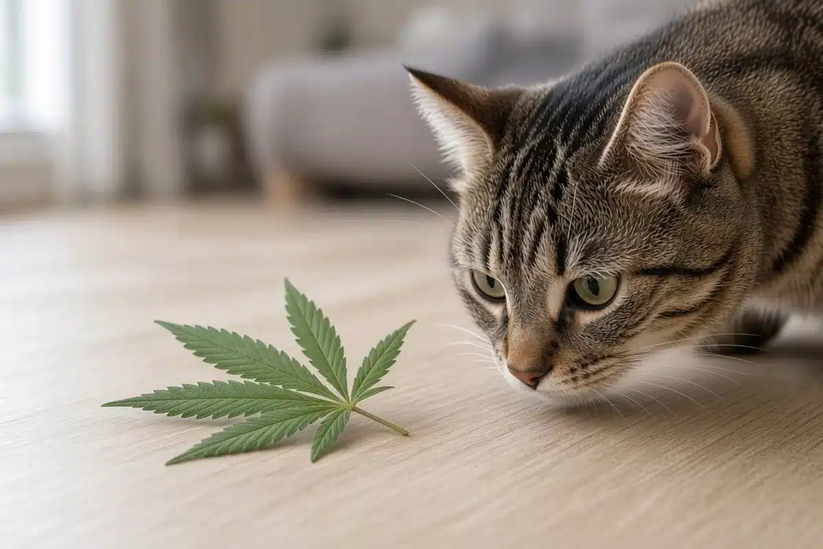 Cat sniffing a hemp leaf