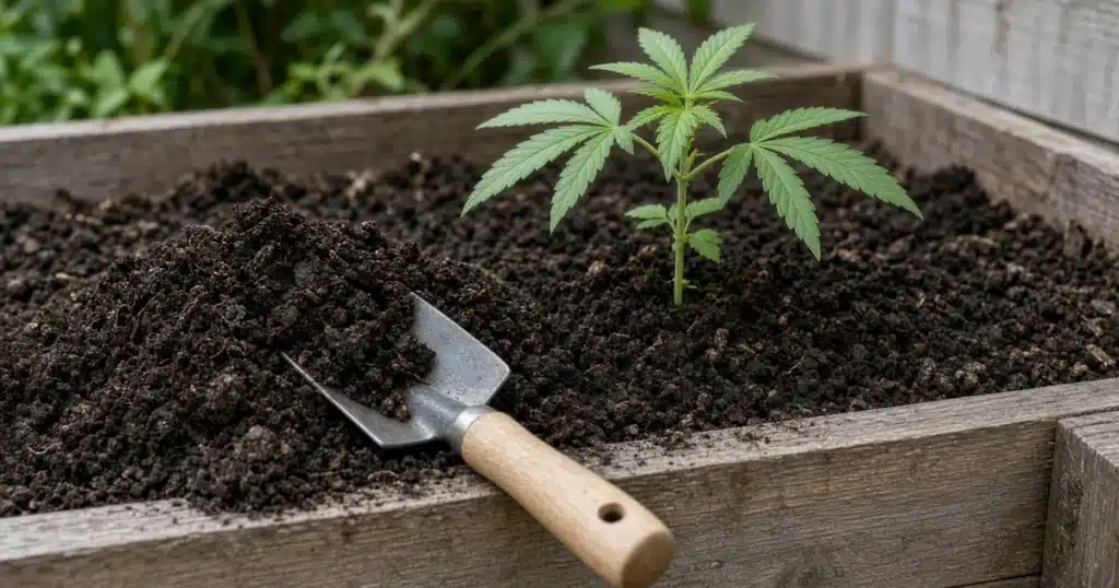 Dark crumbly soil beside a young cannabis plant growing in a raised garden bed