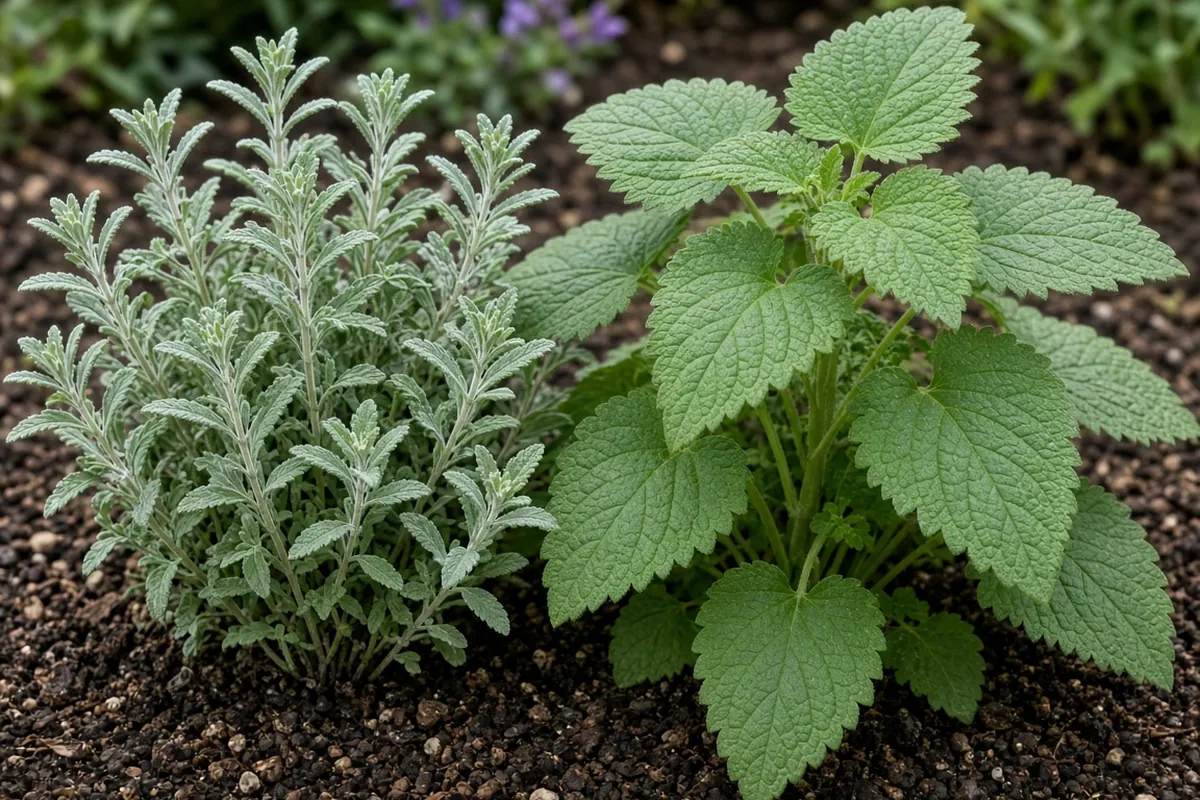 Catmint and catnip leaves side by side