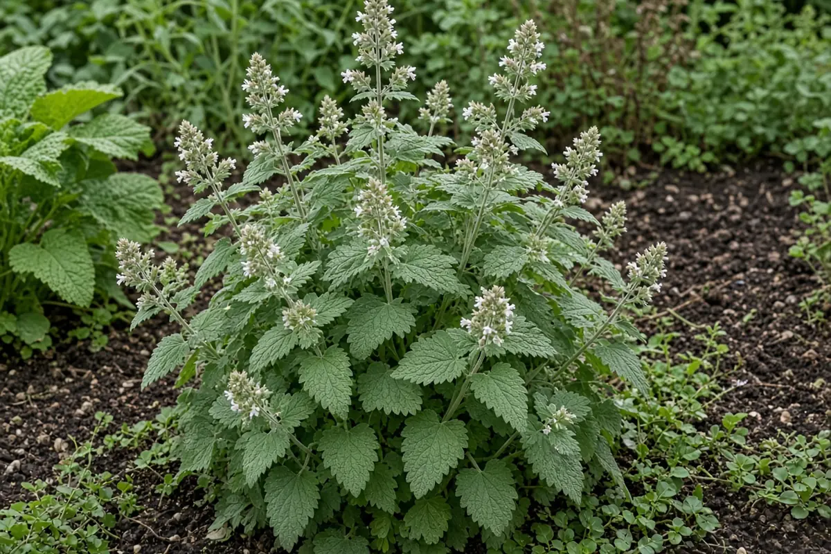 Catnip plant with pale flowers