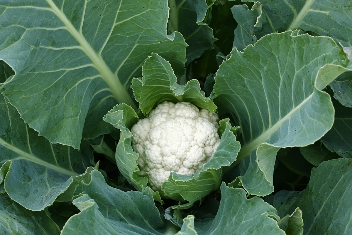 Cauliflower curd forming in leaves