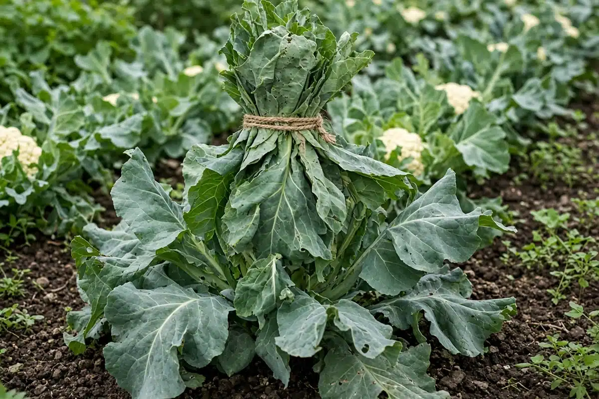 Cauliflower head shaded by tied leaves
