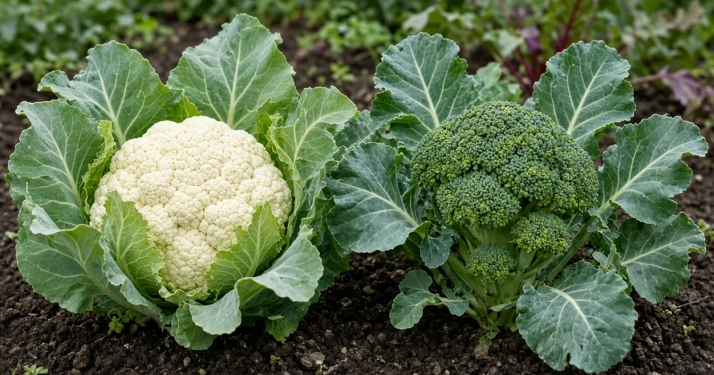 Cauliflower and broccoli heads side by side