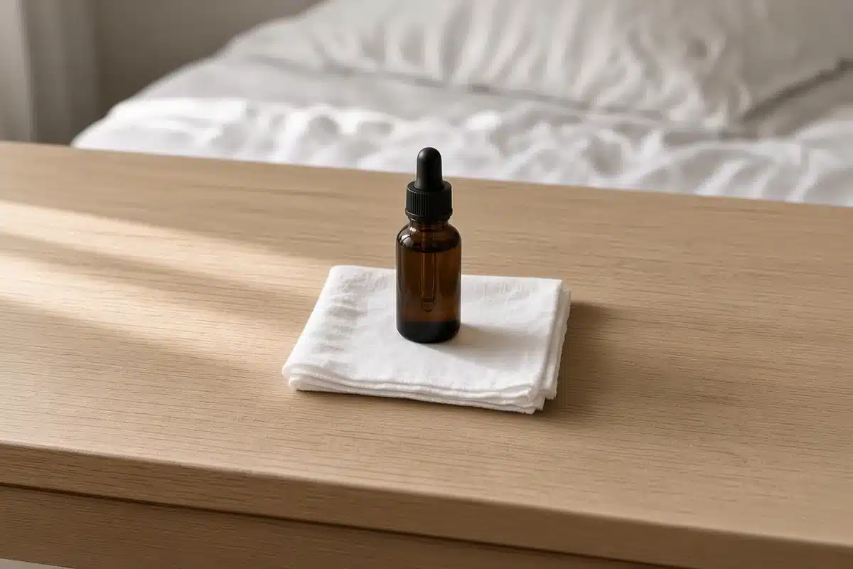 CBD dropper bottle on a bedside table
