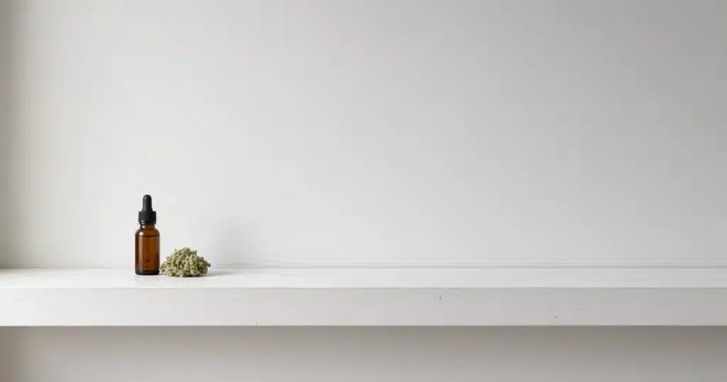 CBD oil bottle and dried hemp flower on a white shelf