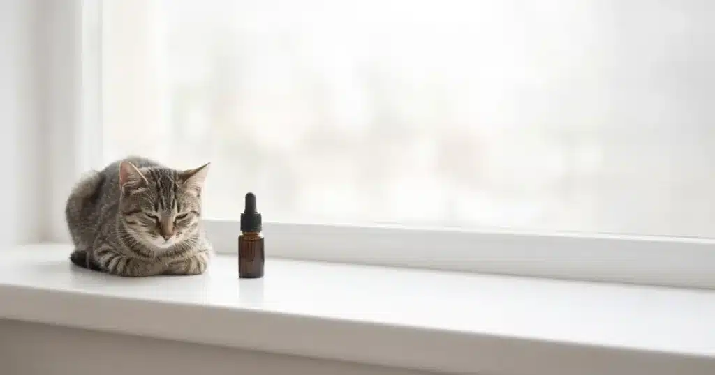Cat resting near a small dropper bottle on a windowsill