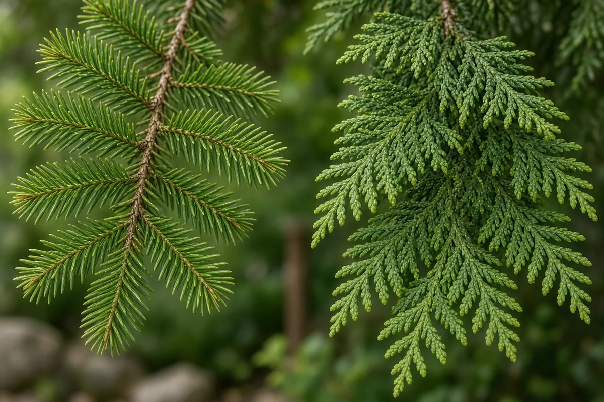 Cedar and cypress foliage side by side