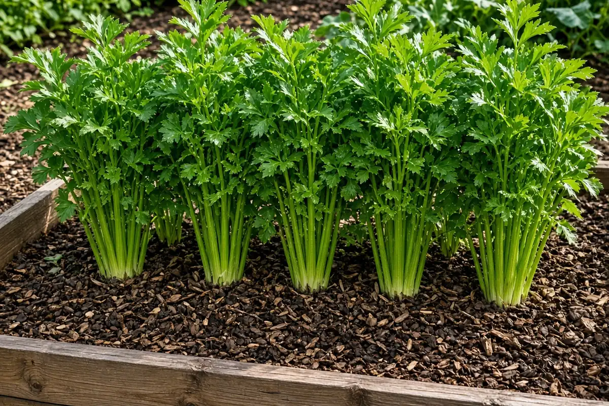 Celery plants growing in a garden bed