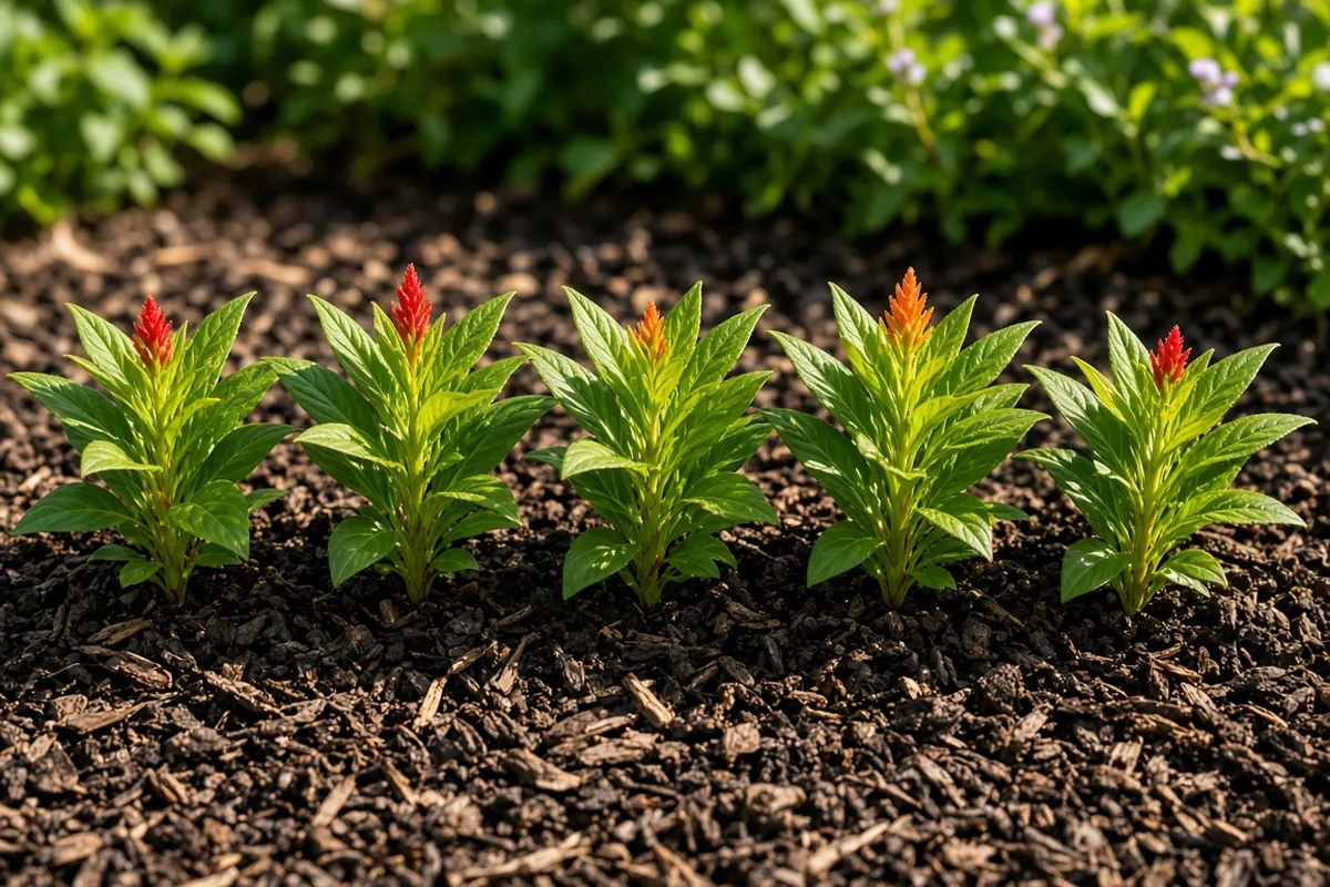 Celosia transplants in a sunny bed