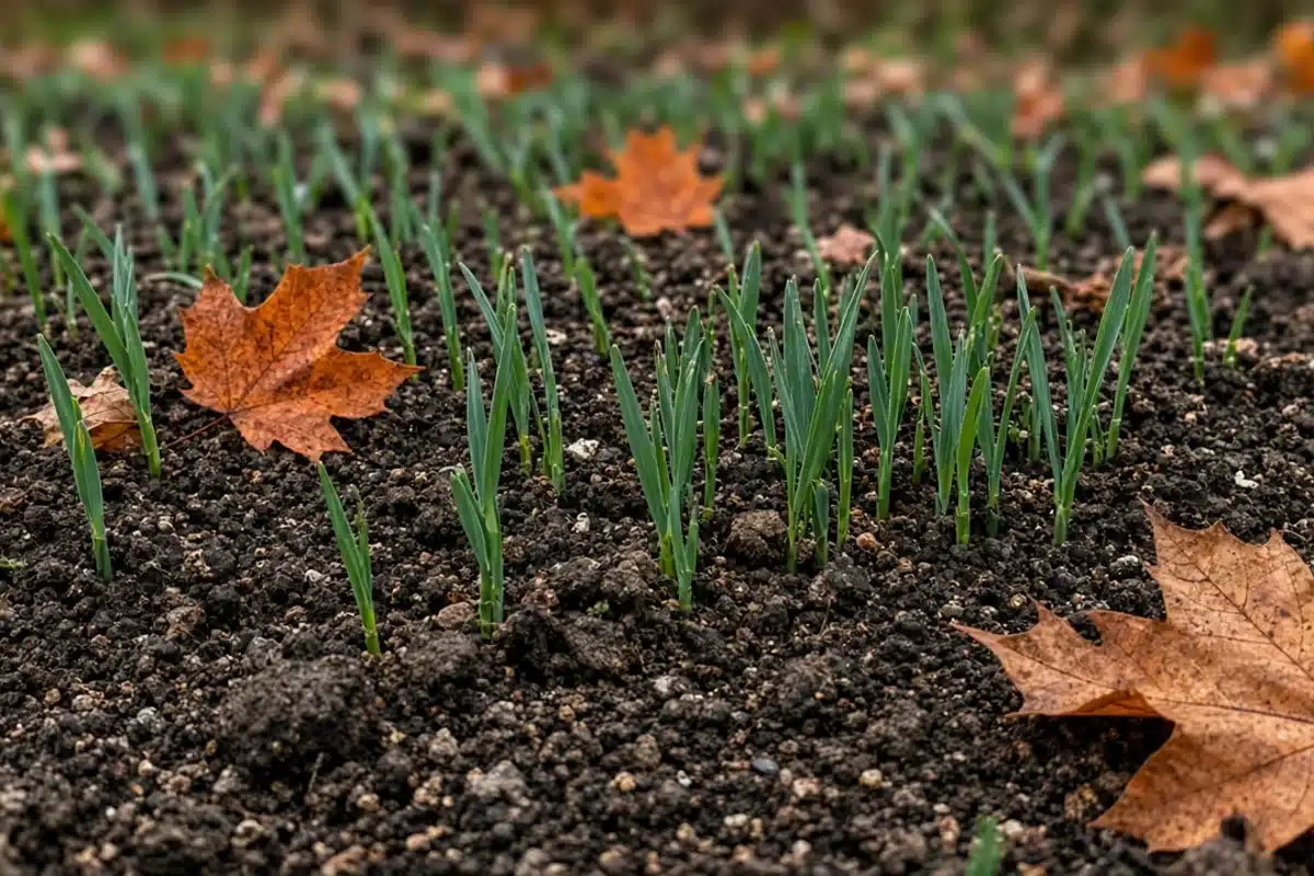 Young cereal rye seedlings coming up in fall garden soil.