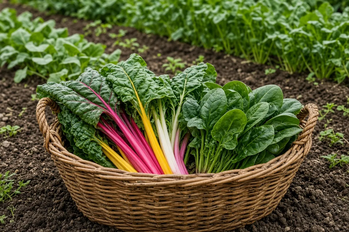 Chard and spinach harvested in a basket