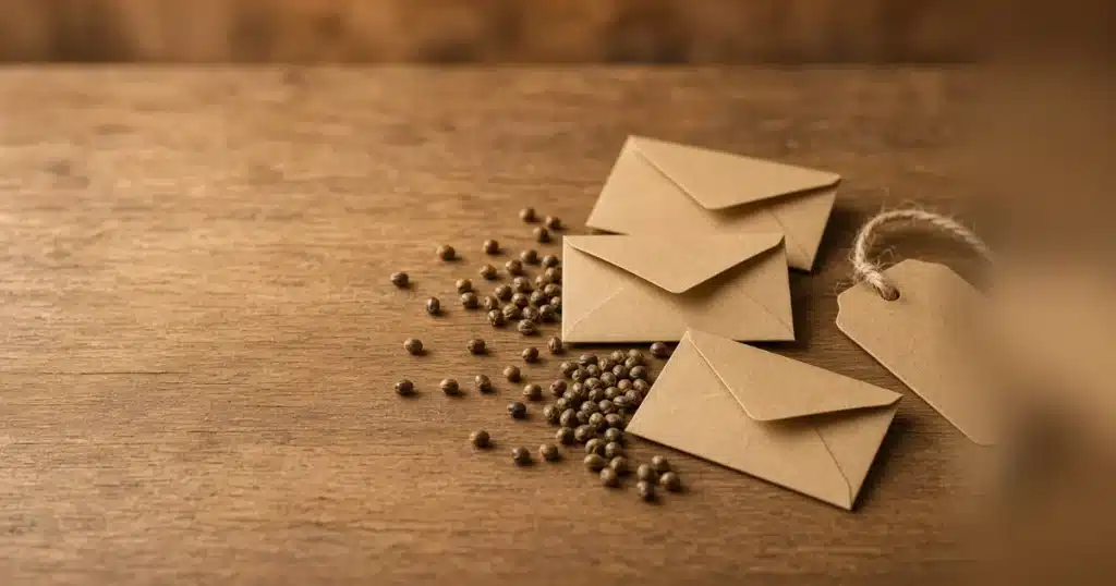 Loose cannabis seeds and small seed packets on a table