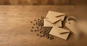 Loose cannabis seeds and small seed packets on a table