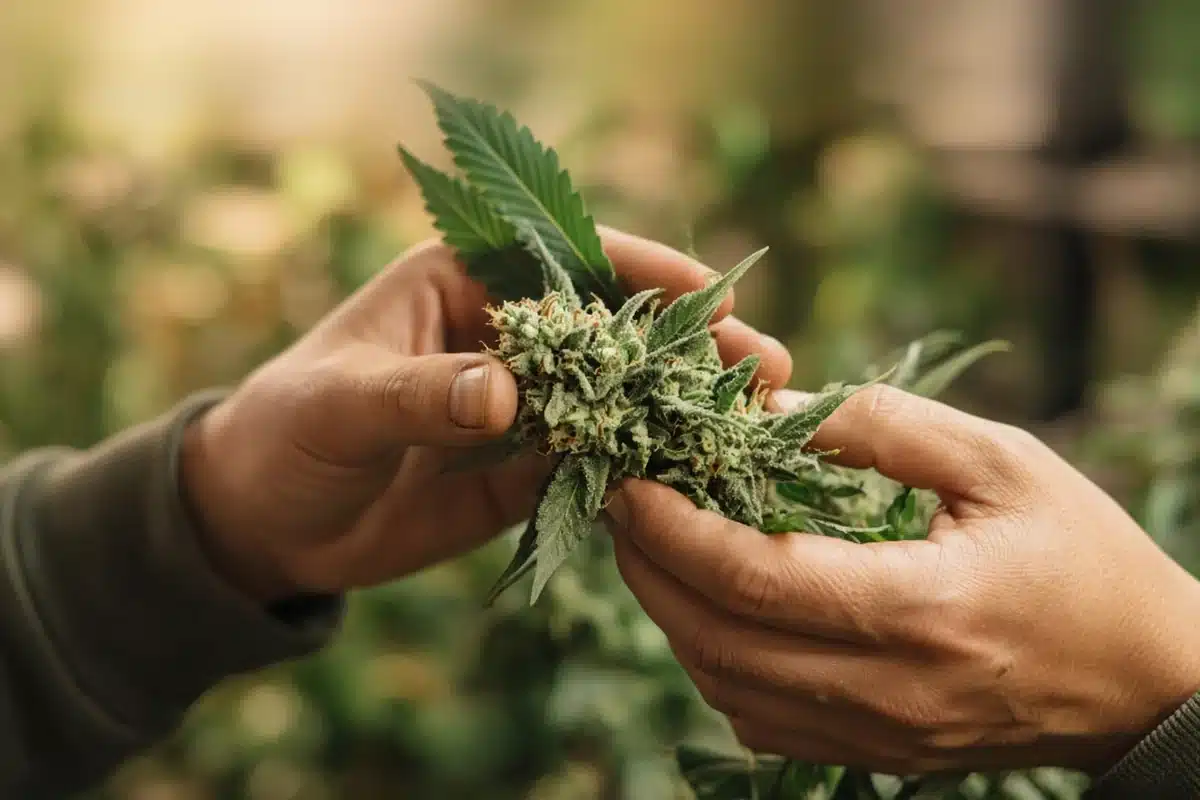 Hands holding a flowering cannabis branch to check its aroma