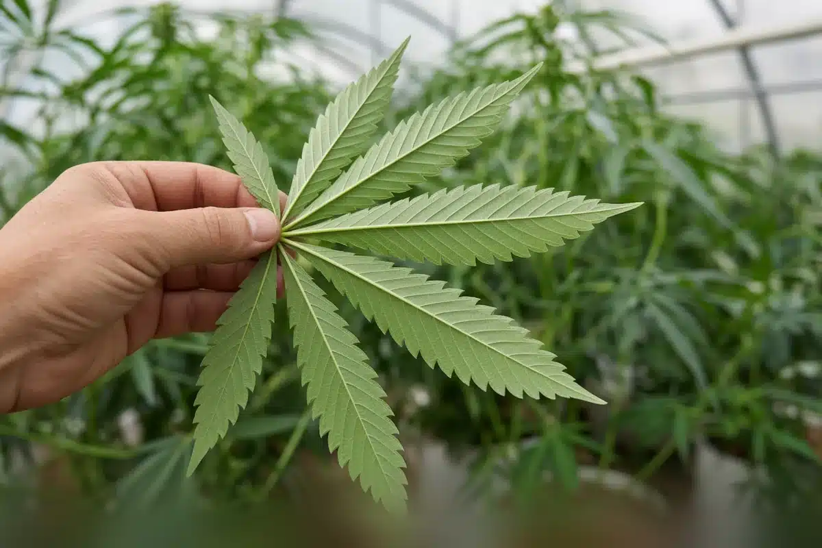 Hand checking a cannabis leaf for pests in a greenhouse