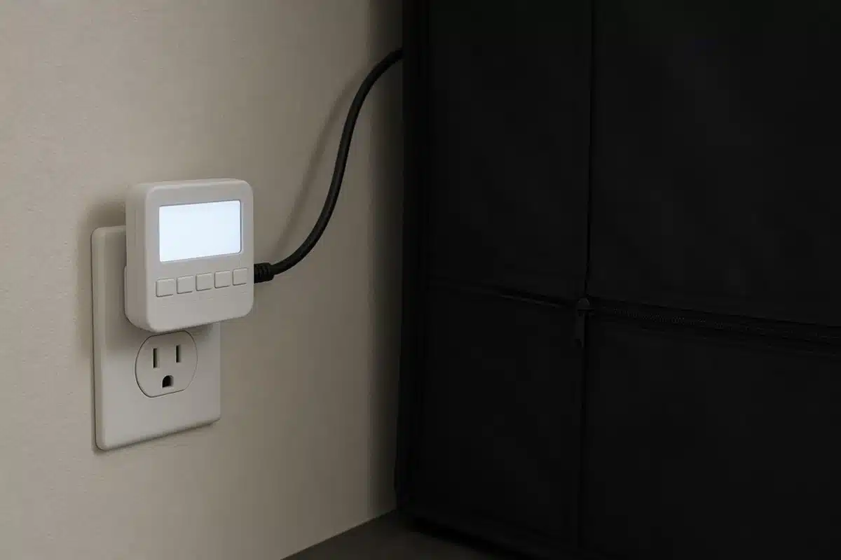 Digital grow light timer with a lit screen plugged into a wall outlet beside a closed dark grow tent