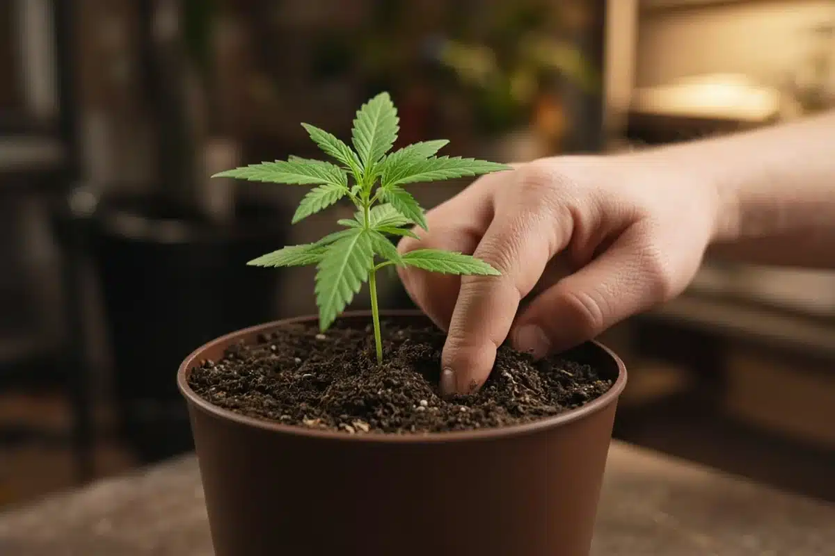 Grower checking soil moisture in a potted cannabis plant