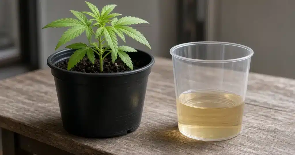 Young cannabis plant with bright green new leaves growing in a pot beside a measuring cup of mixed nutrient solution