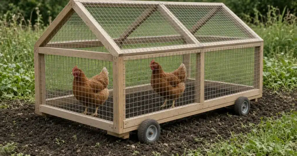 Mobile chicken coop sitting on a garden bed