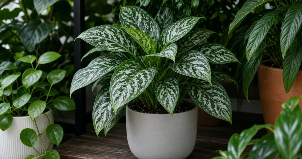Potted Chinese evergreen among houseplants