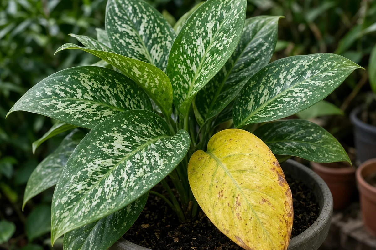 Chinese evergreen with a yellow leaf