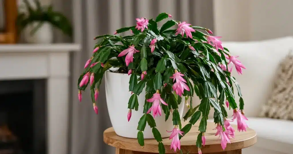 Holiday cactus with pink blooms in a pot