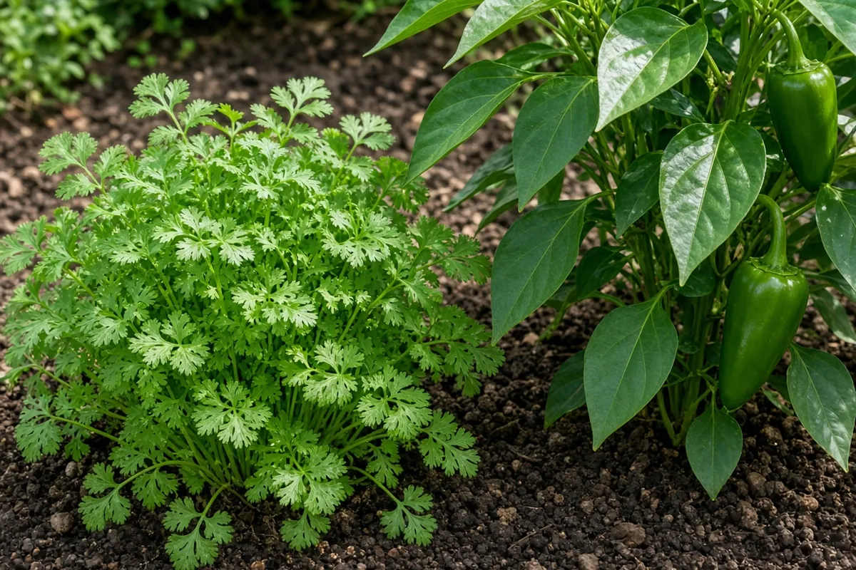 Cilantro and pepper plants side by side