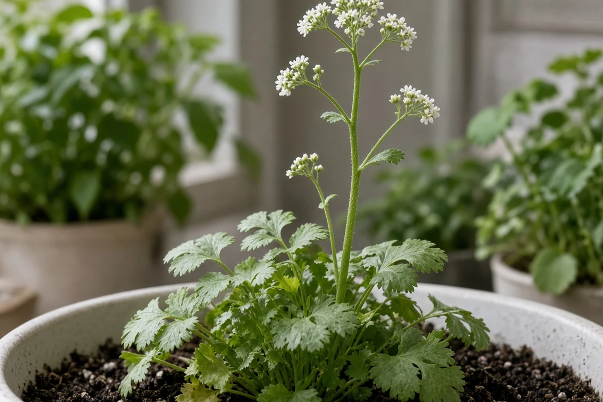 Cilantro plant sending up a tall flower stalk indoors