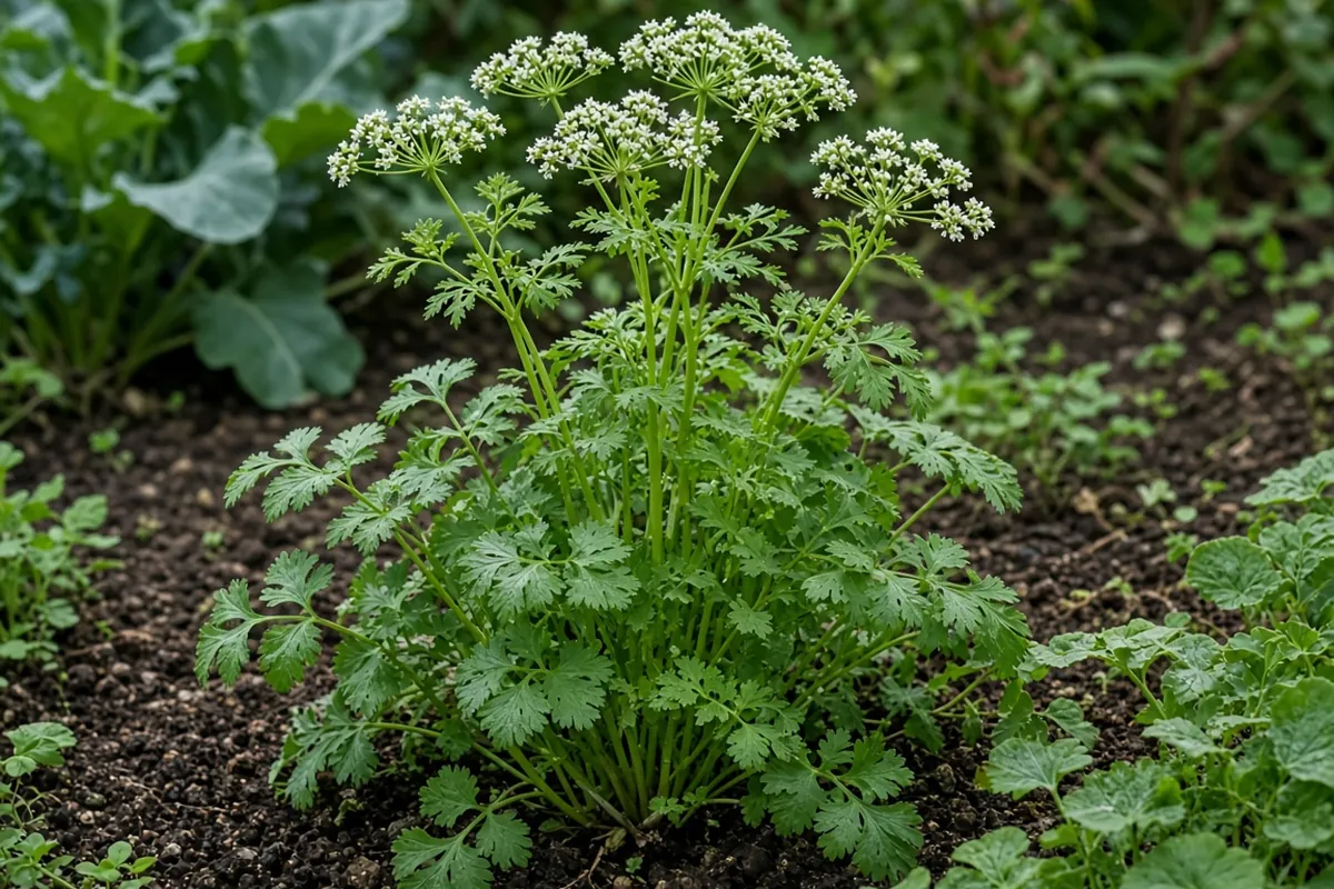 Cilantro plant with flowers