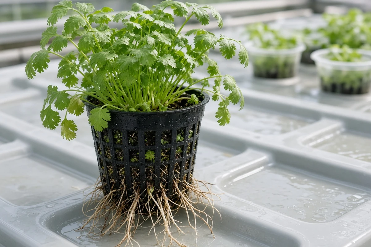 Cilantro roots in a net pot